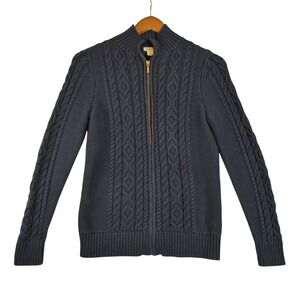 LL Bean Wmn Sm Navy Cable Knit Full Zip 100% Cotton Cardigan Sweater Cottagecore